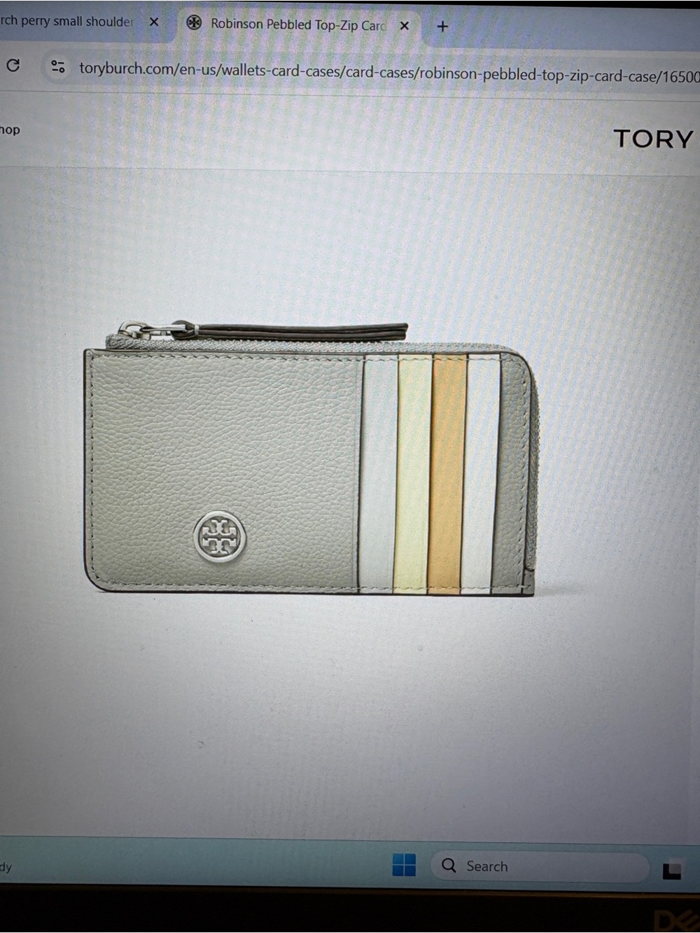 Tory Burch Light Gray Pebbled Zip Card Case with Metallic Stripe Accents